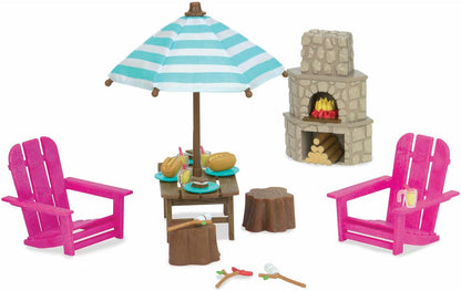 Li’l Woodzeez – Conjunto de pátio externo – Conjunto de brinquedos de 23 peças com lareira, móveis e acessórios para alimentos – Brinquedos em miniatura e conjuntos de jogos para crianças a partir de 3 anos