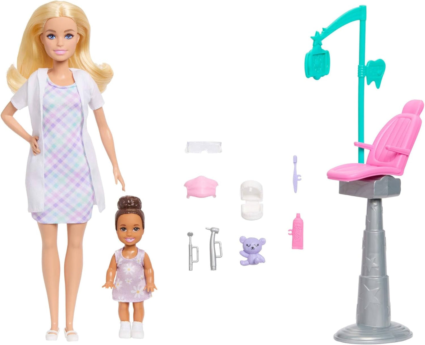 Barbie Conjunto Profissões Dentista com Boneca Loira de Jaleco Branco, Boneca Criança Pequena, Cadeira de Exame e Acessórios, JMK14