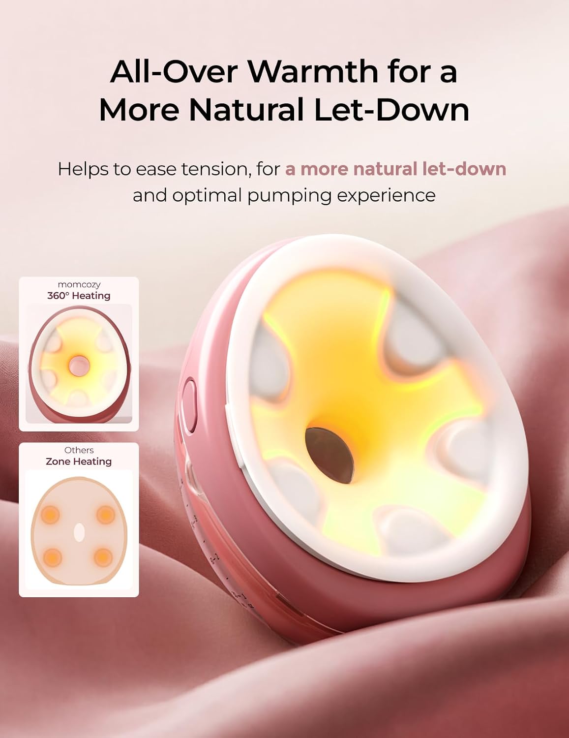 Momcozy Bomba tira-leite vestível Wellness 1, com massagem aquecida, sistema duplo "mãos livres", funil com aquecimento e simulação de massagem para uma amamentação confortável e auxílio na ejeção do leite; controlada por aplicativo,