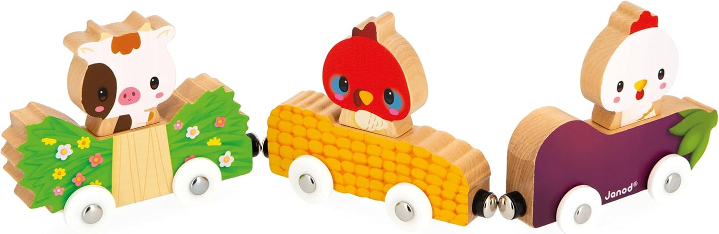 Janod - Animais de Fazenda Magnéticos - Brinquedo de Aprendizagem Precoce - 3 Veículos + 3 Animais em Madeira - Desenvolve Destreza - Jogo de Madeira FSC - 18 Meses +,