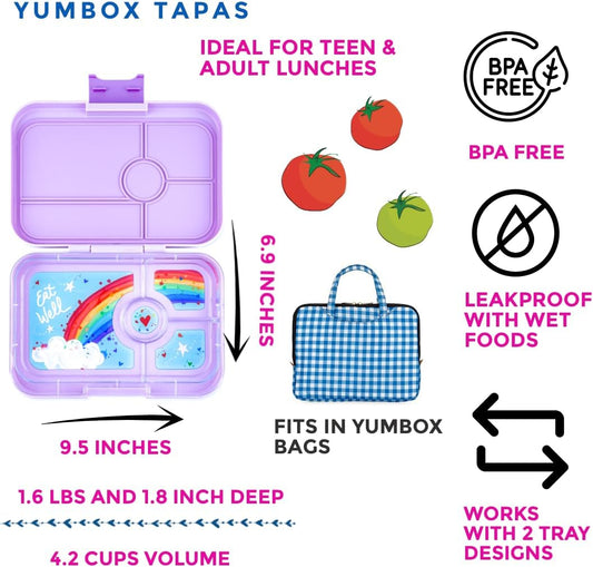 yumbox Tapas tamaño más grande – Fiambrera Bento a prueba de fugas de 4 compartimentos para preadolescentes, adolescentes y adultos (púrpura Sevilla con bandeja arcoíris)