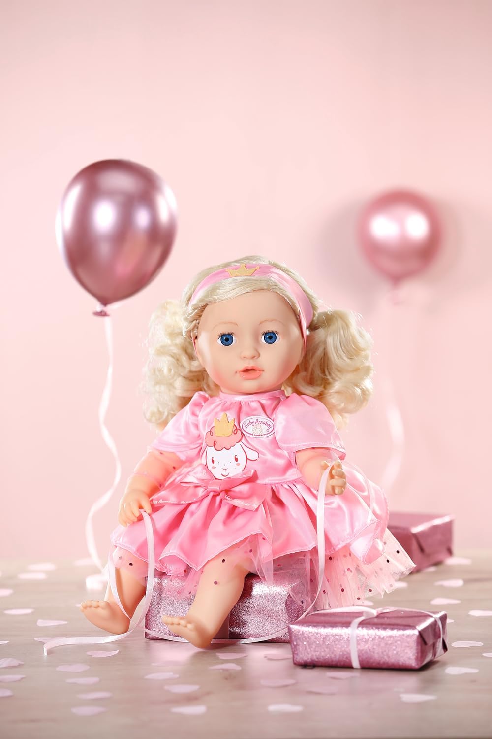 Baby Annabell Vestido de aniversário 710548 - Vestido de tule rosa com tiara de coroa combinando para bonecas de 43 cm - Adequado para crianças a partir de 3 anos de idade.