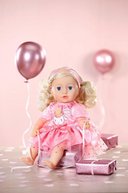 Baby Annabell Vestido de aniversário 710548 - Vestido de tule rosa com tiara de coroa combinando para bonecas de 43 cm - Adequado para crianças a partir de 3 anos de idade.
