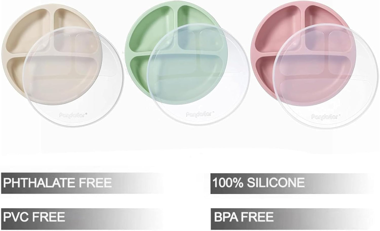 PandaEar Conjunto de 3 Pratos de Silicone com Ventosa para Introdução Alimentar do Bebê, com Tampas e Divisórias