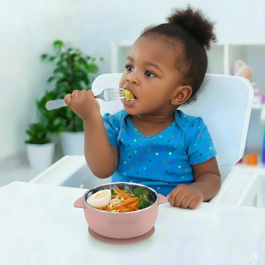 PandaEar Conjunto de 3 Tigelas de Aço Inoxidável com Ventosa, Antiderrapantes e com Capa de Silicone para Bebês e Crianças, Inquebráveis e Sem Sujeira
