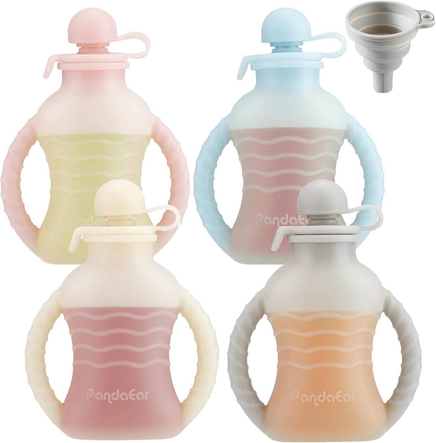 PandaEar 4 Pack Reusable Silicone Baby Food Pouches, Washable Freezer Squeezable Pouch for Toddler Kids, BPA-Free Silicone Refillable Baby Food Storage, 4oz