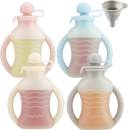PandaEar 4 Pack Reusable Silicone Baby Food Pouches, Washable Freezer Squeezable Pouch for Toddler Kids, BPA-Free Silicone Refillable Baby Food Storage, 4oz