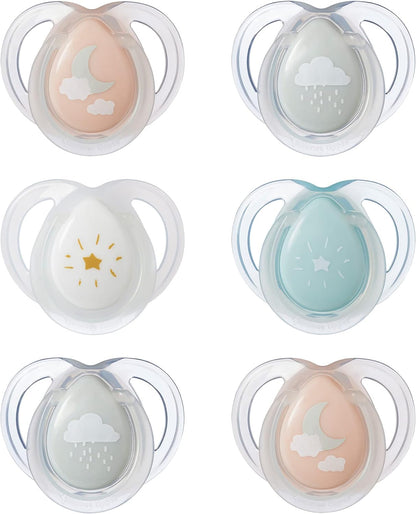 Tommee Tippee Chupetas noturnas para recém-nascidos, design ortodôntico simétrico, bolsa de silicone sem BPA, 0-6m, pacote de 6 manequins