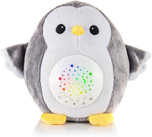 Meero London Penguin AKT13P Máquina de Ruido Blanco, Proyector de Luz Nocturna, Chupete de Peluche para Bebé con Proyector de Estrella Nocturna con 15 Canciones de Cuna Musicales - Pack de Regalo - Unisex