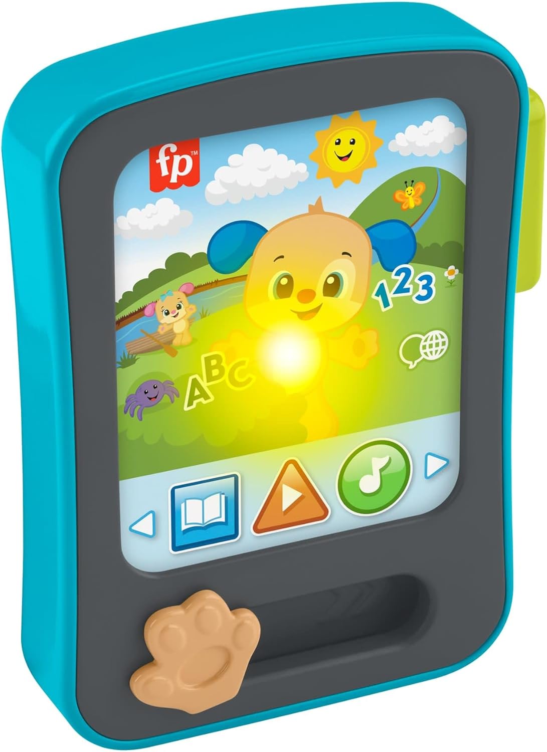 Brinquedo educativo para bebês Fisher-Price: Leitor de histórias em formato de cachorrinho com música e luzes, ideal para crianças a partir de 6 meses. Disponível em vários idiomas: inglês, francês e alemão. JFK28