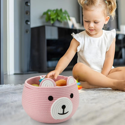 PandaEar Cesto para Bebê em Corda de Algodão, Organizador de Berçário com Design de Ursinho Fofo para Guardar Itens Essenciais de Recém-Nascidos, Porta-Fraldas com Alça (Rosa)
