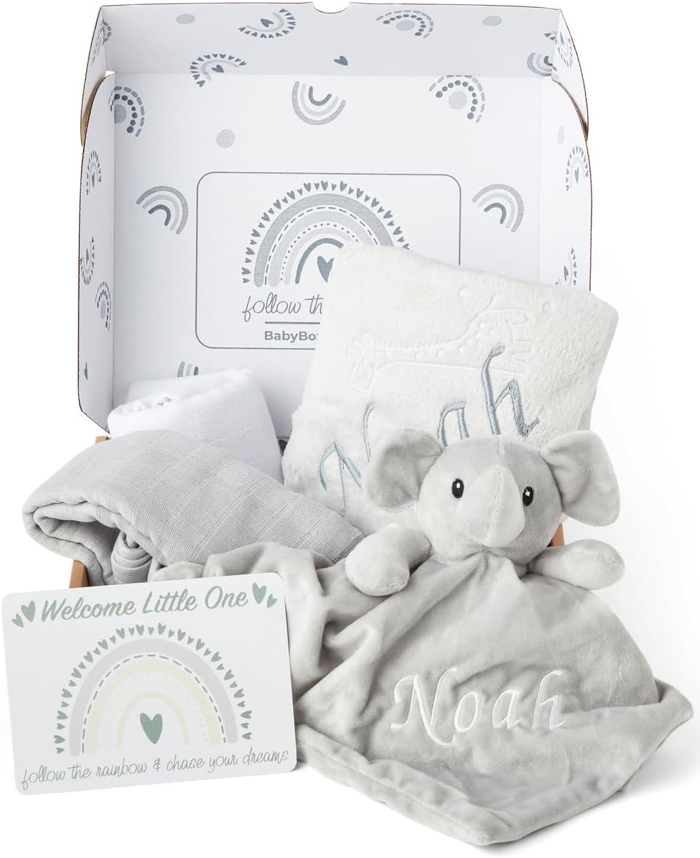Baby Box Shop - Presentes personalizados para meninos, presente ideal para batizado: cobertor de lã, Baby Box Shop - 5 itens essenciais para recém-nascidos, ideais como presentes para chá de bebê e batizado, panos de musselina e presentes