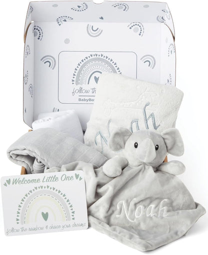Baby Box Shop - Presentes personalizados para meninos, presente ideal para batizado: cobertor de lã, Baby Box Shop - 5 itens essenciais para recém-nascidos, ideais como presentes para chá de bebê e batizado, panos de musselina e presentes