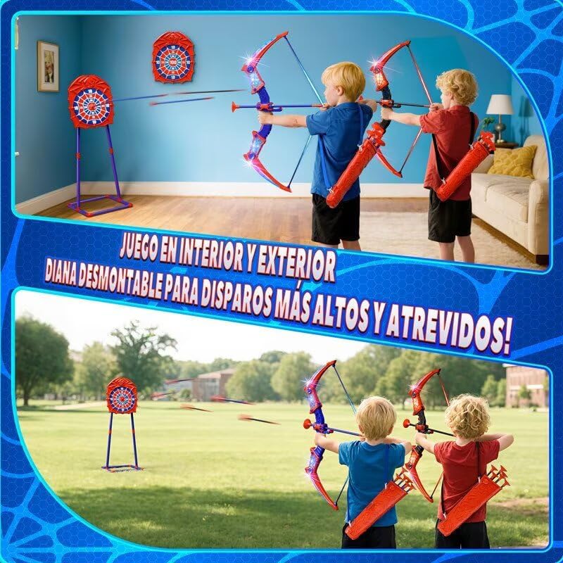 Brinquedos para crianças de 3 a 12 anos, conjunto com 2 aranhas de brinquedo com luzes LED vermelhas e azuis, aranha com alvo fixo e 2 aljavas, brinquedo para uso interno e externo, presente de aniversário para meninos e meninas de 3 a 12 anos.