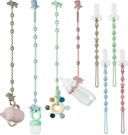 PandaEar Conjunto de 8 prendedores de chupeta de silicone, incluindo 4 tiras de silicone para brinquedos e 4 prendedores de chupeta de peça única para bebês meninos e meninas, ideais para a fase de dentição.