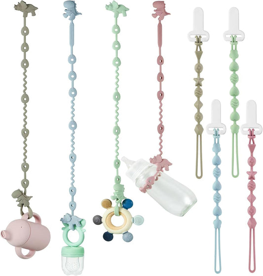 PandaEar Conjunto de 8 prendedores de chupeta de silicone, incluindo 4 tiras de silicone para brinquedos e 4 prendedores de chupeta de peça única para bebês meninos e meninas, ideais para a fase de dentição.