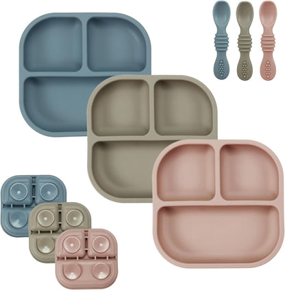 PandaEar Conjunto de 3 Pratos com Ventosa para Bebês, com Colheres, Pratos de Silicone para Crianças, Prato Dividido Inquebrável com Ventosa, Antiderrapante, Atóxico, Livre de BPA (Azul, Vermelho e Marrom)