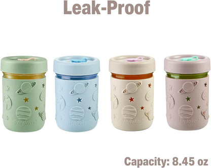PandaEar Conjunto de 4 copos de vidro para crianças e bebês, copos de vidro estilo Mason Jar de 250ml com capas de silicone e canudos, copos anti-vazamento para smoothies infantis.