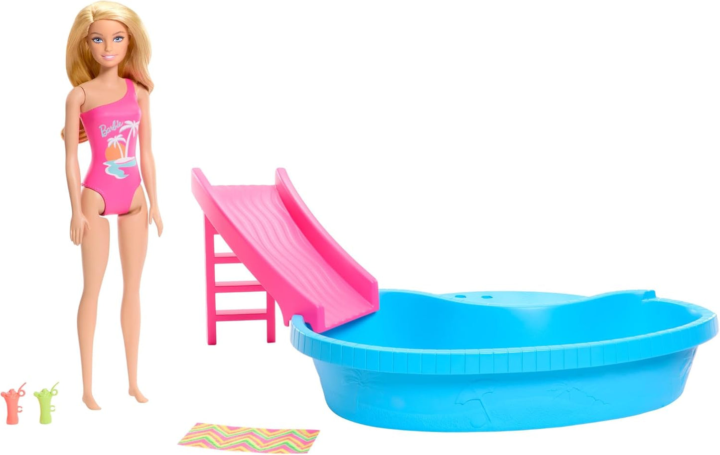 Barbie Boneca e conjunto de piscina, loira em maiô rosa tropical de uma peça com piscina, escorregador, toalha e acessórios para bebidas, HRJ74