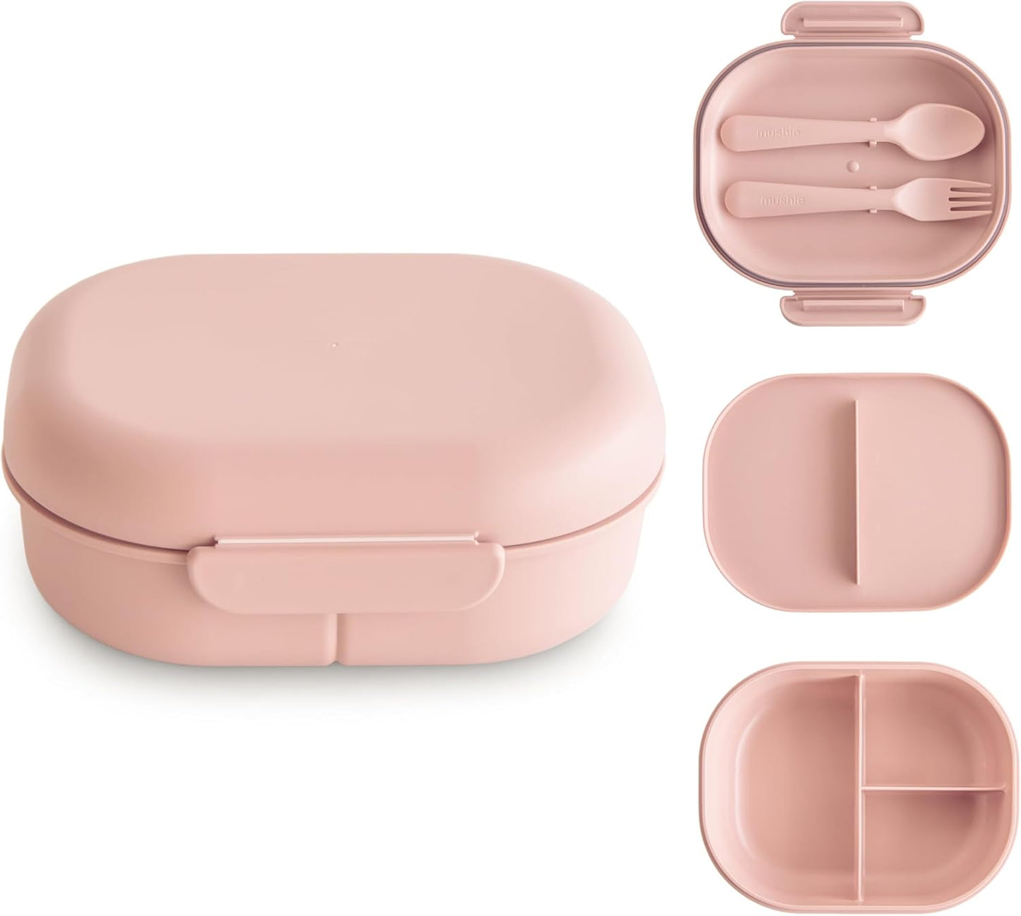 Mushie Lancheira | Lancheira Infantil para Jardim de Infância e Escola | Divisórias e Compartimentos com Tampas Traváveis | Inclui 1 Conjunto de Talheres (Garfo e Colher) | (Rosa Claro)