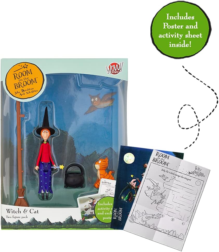WOW! STUFF - Pacote Duplo de Bruxa e Gato de "O Quarto na Vassoura" - Bonecos de Ação Articulados Colecionáveis | Brinquedos e Presentes Oficiais da Julia Donaldson e Axel Scheffler Books and Films, Marrom