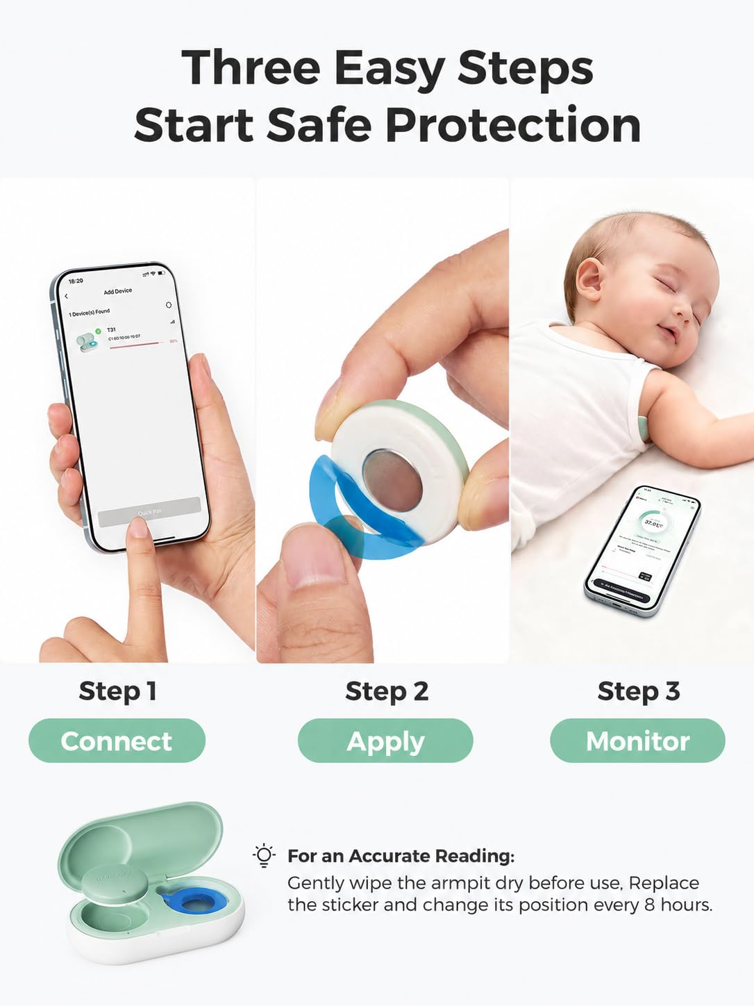 Momcozy Termômetro digital vestível para bebês , termômetro inteligente de precisão de grau médico, leitura instantânea, monitoramento em tempo real via aplicativo para crianças e bebês, adesivo hipoalergênico 3M, Bluetooth