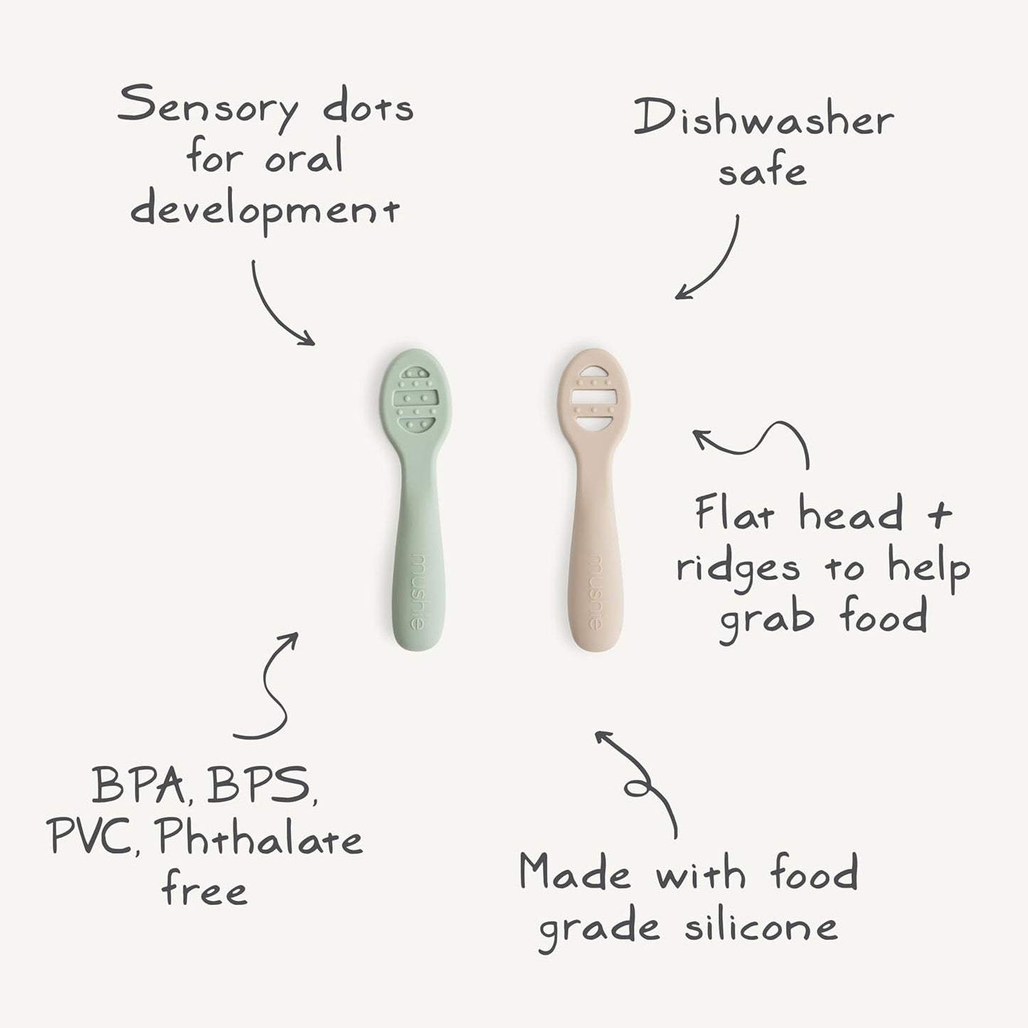 Mushie Colheres de Aprendizagem para Primeiros Passos na Alimentação do Bebê | Conjunto com 2 Colheres de Silicone Livres de BPA | Utensílios Resistentes e Laváveis na Lava-Louças | Cores: Tradewinds/Shifting Sand