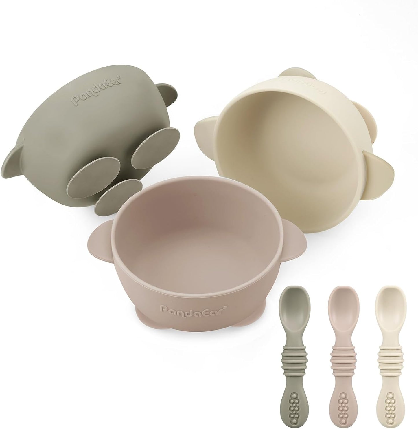PandaEar Conjunto de 3 Tigelas com Ventosa para Bebê com 3 Colheres, Tigela de Silicone Fixa para Alimentos, Suprimentos para Introdução Alimentar para Bebês e Crianças Pequenas, Livre de BPA (Marrom Linho Bege)