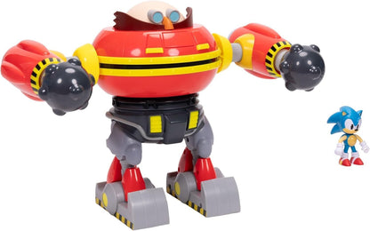 Conjunto de batalha do robô gigante Eggman do Sonic The Hedgehog, oficialmente licenciado pela Jakks Pacific, com 22,9 cm de altura, inclui o robô Eggman com canhão e uma figura do Sonic. Ideal para meninos.