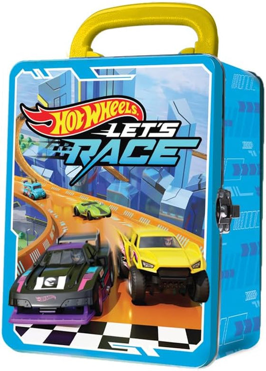 Hot Wheels Estojo de metal para carrinhos em escala 1:64 | Organizador e porta-brinquedos para 18 brinquedos | Presente ideal para colecionadores e crianças a partir de 3 anos | Tampa com design 3D de corrida Hot Wheels (Carrinhos não inclusos)