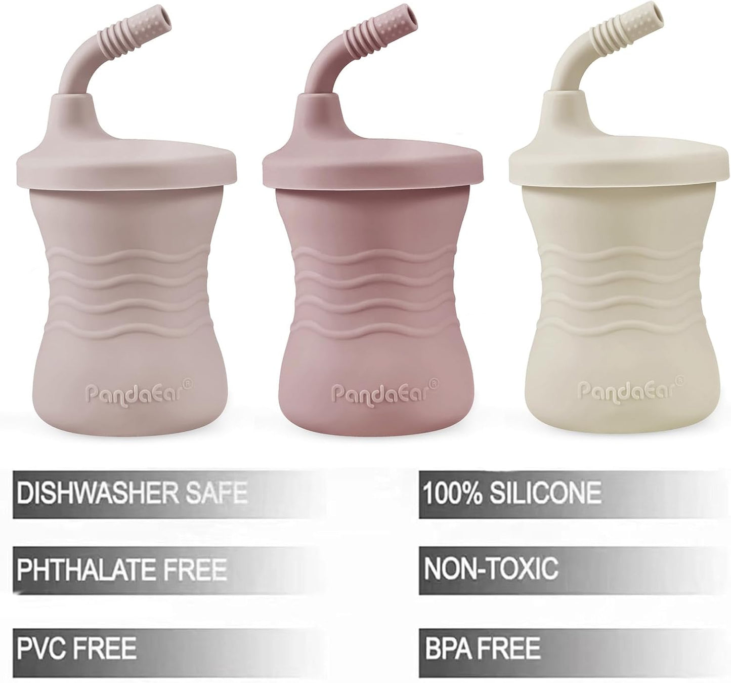 PandaEar Conjunto de 3 Copos de Treinamento para Bebês em Silicone com Canudo, Inquebráveis, para Bebês e Crianças a partir de 6 Meses, 148ml (Rosa/Rosa Claro/Linho)