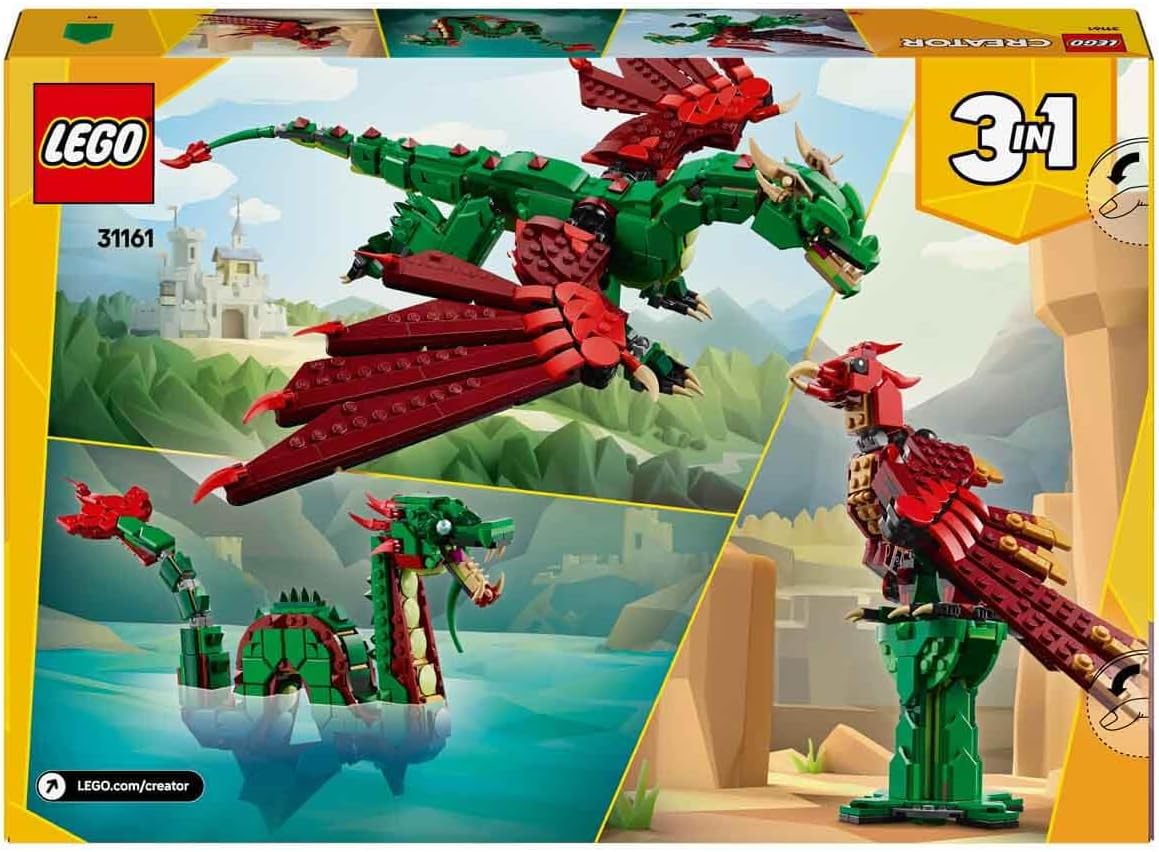 LEGO Brinquedo de dragão medieval Creator 3 em 1 - transforma-se em uma serpente marinha ou em uma figura de animal Fênix - Conjunto de construção de criaturas míticas para crianças, meninos e meninas a partir de 9 anos