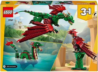 LEGO Brinquedo de dragão medieval Creator 3 em 1 - transforma-se em uma serpente marinha ou em uma figura de animal Fênix - Conjunto de construção de criaturas míticas para crianças, meninos e meninas a partir de 9 anos