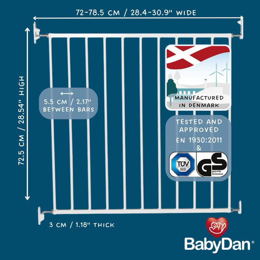 BabyDan Aarhus, Cubre aberturas entre 72-78,5 cm/28,4-30,9 pulgadas, Puerta básica para escaleras/puerta para bebés/puerta de seguridad, metal, blanco, fabricado en Dinamarca - (puerta para mascotas/puerta para perros)
