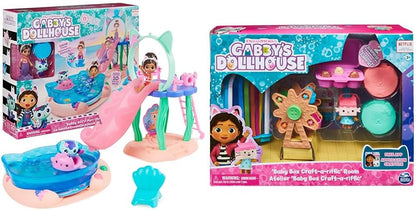 Gabby's Dollhouse, Piscina Purr-ific com figuras da Gabby e da MerCat e Quarto Artesanal Baby Box com figura de gato Baby Box e acessórios.