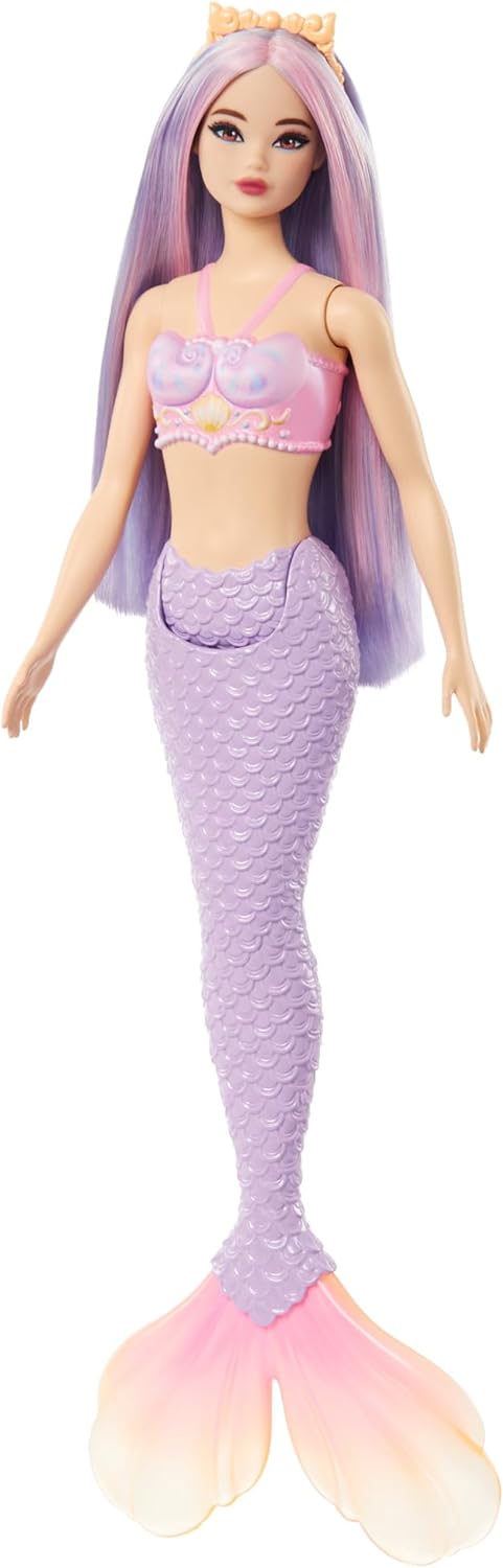 Barbie Bonecas de sereia com cabelo de fantasia e acessórios de faixa de cabeça, brinquedos de sereia com corpete inspirado em conchas e caudas coloridas, HR03