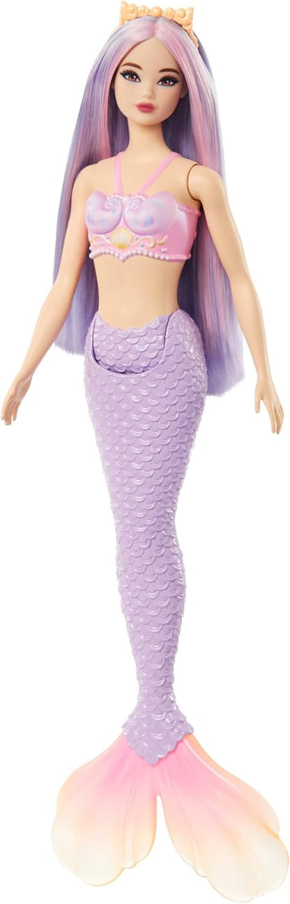 Barbie Bonecas de sereia com cabelo de fantasia e acessórios de faixa de cabeça, brinquedos de sereia com corpete inspirado em conchas e caudas coloridas, HR03