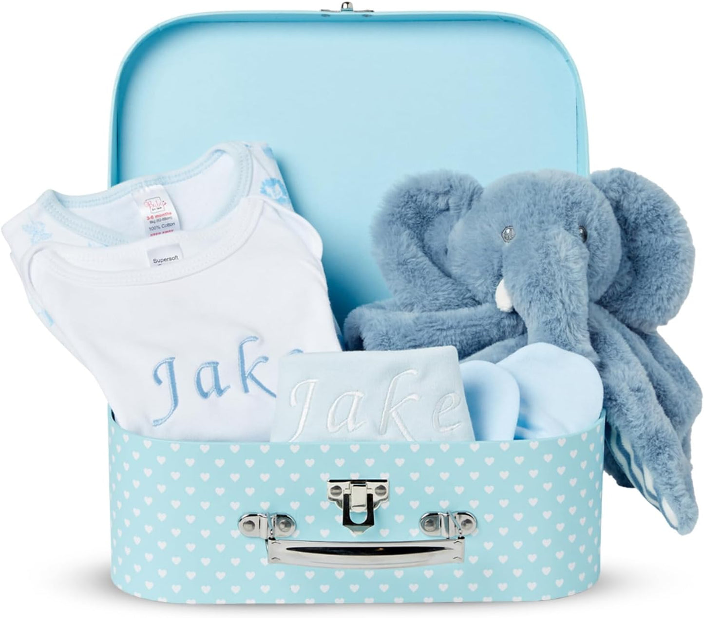 Baby Box Shop - Conjunto de presente para recém-nascidos - Cesta premium com chocalho para cachorro, porta-retratos, tecido de musselina, chá de bebê para recém-nascidos