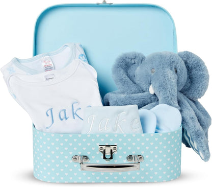 Baby Box Shop - Conjunto de presente para recém-nascidos - Cesta premium com chocalho para cachorro, porta-retratos, tecido de musselina, chá de bebê para recém-nascidos