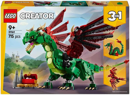LEGO Brinquedo de dragão medieval Creator 3 em 1 - transforma-se em uma serpente marinha ou em uma figura de animal Fênix - Conjunto de construção de criaturas míticas para crianças, meninos e meninas a partir de 9 anos
