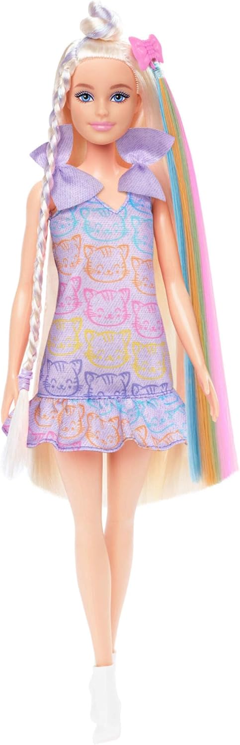 Barbie Fun & Fancy Boneca e Acessórios, Boneca Fashion Loira com Cabelo Extralongo e 2 Looks, Incluindo Vestido Prateado Metálico e Aplique de Cabelo, JCT72