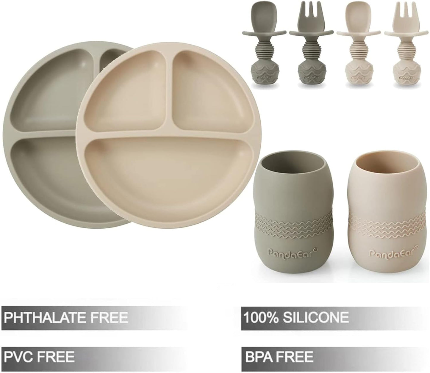 PandaEar Kit de Introdução Alimentar para Bebês em Silicone | Prato Dividido com Ventosas e 2 Copos Pequenos com 2 Colheres e 2 Garfos | Conjunto para Alimentação Independente Guiada pelo Bebê