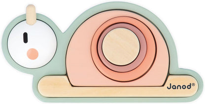 Janod Caracol sensorial empilhável Sweet Cocoon, 6 peças empilháveis de madeira FSC, 4 blocos sensoriais, jogo de aprendizagem precoce, 12 meses +, verde/rosa