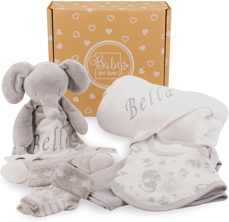 Baby Box Shop - Toalha com capuz personalizada para bebê e cobertor de urso personalizado para bebê, itens essenciais para recém-nascidos, Baby Box Shop - 6 itens essenciais para recém-nascidos unissex
