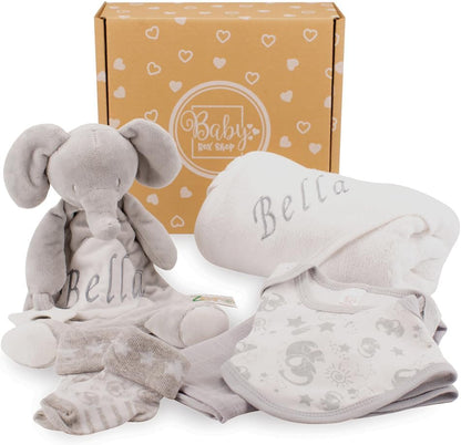Baby Box Shop - Toalha com capuz personalizada para bebê e cobertor de urso personalizado para bebê, itens essenciais para recém-nascidos, Baby Box Shop - 6 itens essenciais para recém-nascidos unissex