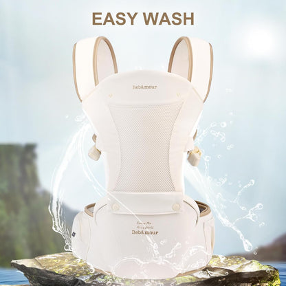 Bebamour Canguru para Bebê, para bebês de 0 a 36 meses, com assento de quadril, capuz para a cabeça, 3 protetores de dentição, extensor de cintura, bolsa de armazenamento e porta-chupeta (Bege)