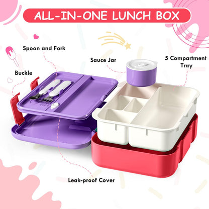 Lehoo Castle Lancheira infantil Bento, lancheira com 5 compartimentos, recipientes de almoço de 1,25L com pote de molho, colher e garfo para meninos e meninas, escola, à prova de vazamentos, sem BPA (dinossauro)