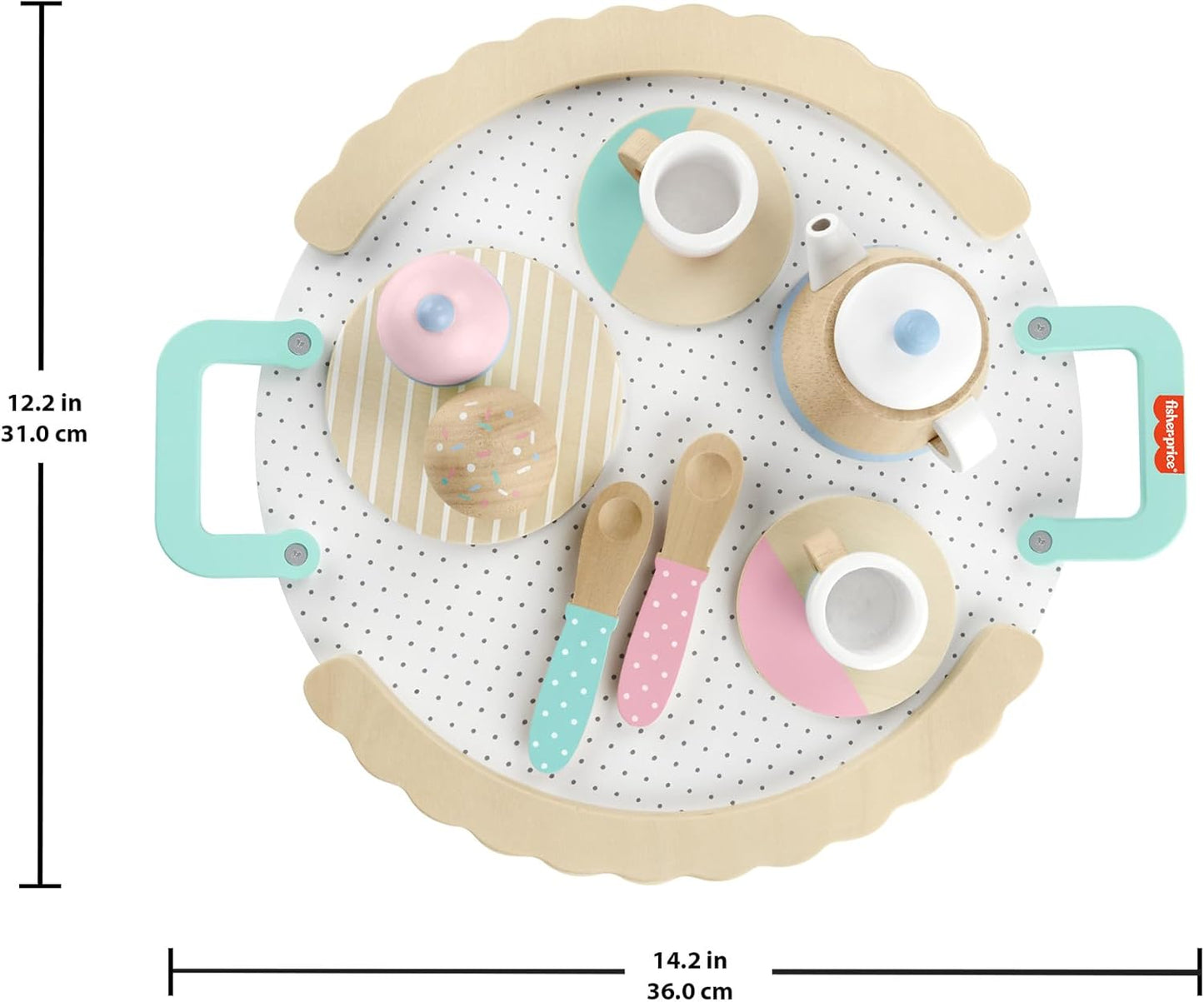 Fisher-Price Juego de té de madera de juguete preescolar con tetera, tazas y platillos, 12 piezas de madera para juegos de simulación para niños a partir de 3 años