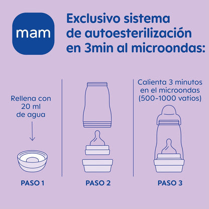 MAM Conjunto de mamadeira Welcome to the World G101-3, Easy Start, anticólica, com 1 chupeta Start e 1 prendedor de corrente, 0+ meses, azul, versão espanhola.