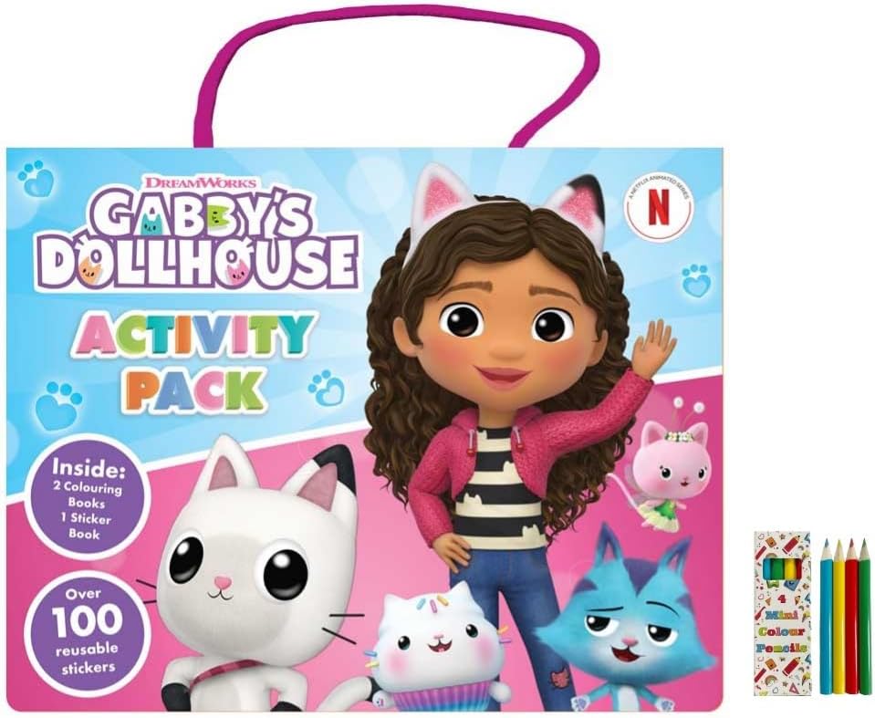 Anila's Gabby's Dollhouse Kit de atividades com livros de colorir, livro de adesivos, lápis de cor e 100 adesivos reutilizáveis. (Ideal para crianças de 3 a 8 anos).